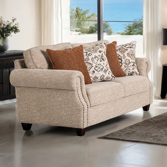 Buckhurst Loveseat Fm61110Tp-Lv By Furniture Of America | Mobilia Cleopatra 3 Buckhurst Loveseat FM61110TP-LV by Furniture of America – Transitional Comfort with Nailhead Elegance