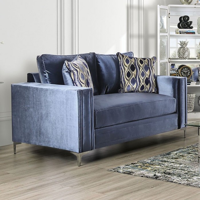 Jodie Love Seat In Satin Blue & Silver – Sm2687-Lv By Furniture Of America | Mobilia Cleopatra 3 Jodie Love Seat in Satin Blue & Silver – SM2687-LV by Furniture of America