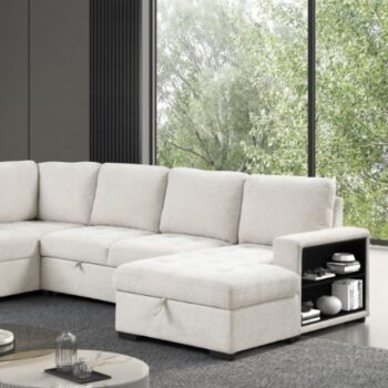 Stockwell Contemporary Beige Sleeper Sofa Sectional with Chaise Storage & USB Ports | FM6966BG-SECT