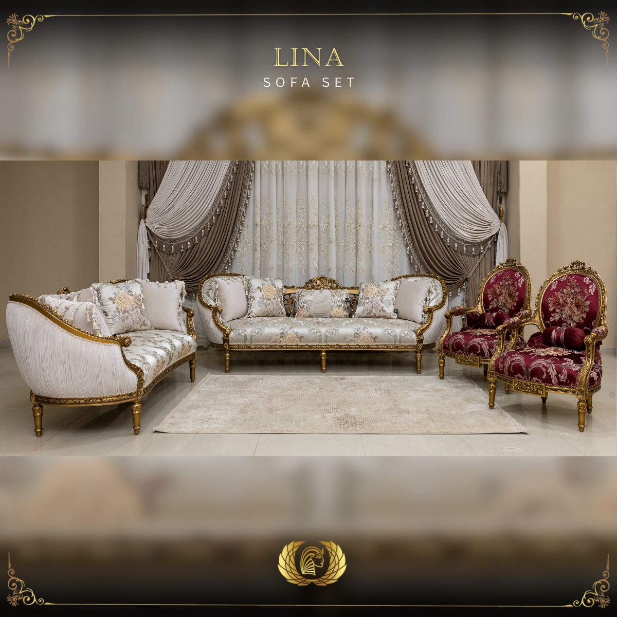 4Pcs Handmade Gold Beige Red Chantelle Lina Sofa Set | Mobilia Cleopatra 3 Lina Sofa set