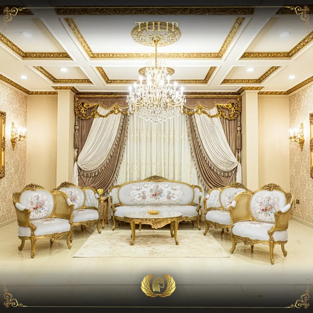 5Pcs Handmade Gold Tulip Sofa Set | Mobilia Cleopatra 3 tulip sofa set