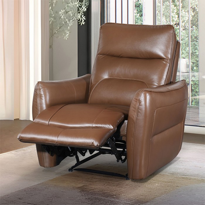 Terentius Power Recliner Fm69006Br-Ch-Pm Compact Luxury In Caramel Brown By Furniture Of America | Mobilia Cleopatra 3 Terentius Power Recliner – Compact Luxury in Caramel Brown