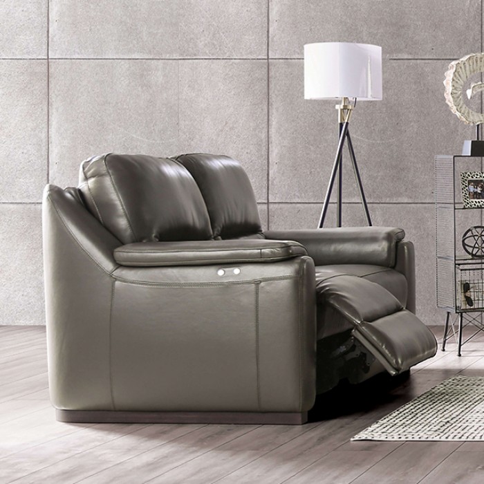 Altamura Gray Italian Leather Power Loveseat Fm90002Gy-Lv-Pm-Pk By Furniture Of America | Mobilia Cleopatra 3 Altamura Gray Italian Leather Power Loveseat – Compact Luxury & Classic Comfort