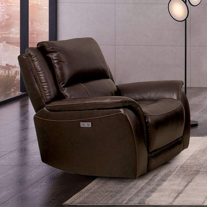 Gorgius Power Recliner In Espresso Cm9910Es-Ch-Pm By Furniture Of America | Mobilia Cleopatra 3 Gorgius Espresso Power Recliner with Pillow Top Arms