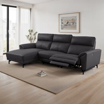 Themis Black Leather Power Sectional with Left Chaise – Modern Comfort Meets Contemporary Design