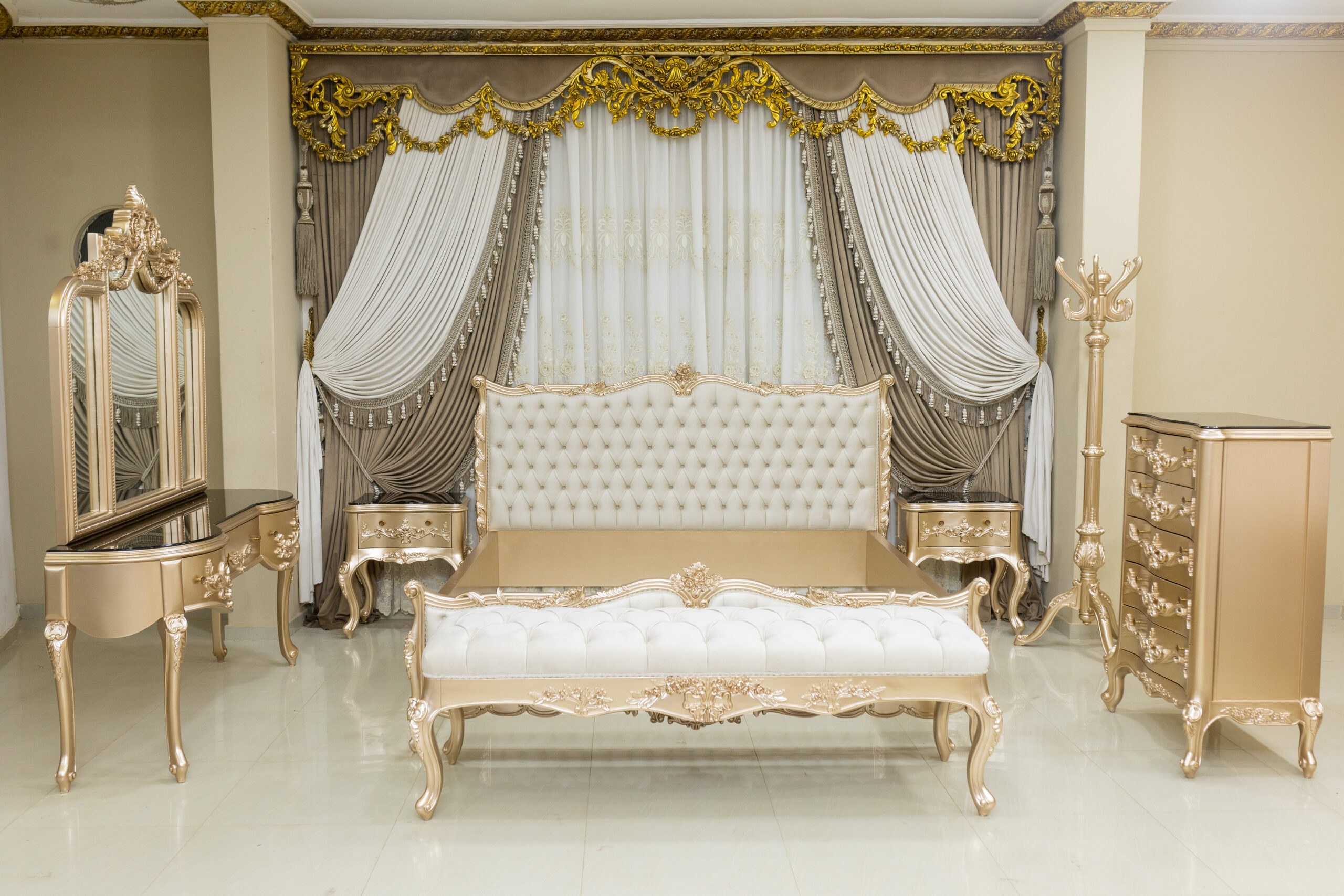 10 Pcs Handmade Golden Rose Sand Bedroom Set | Mobilia Cleopatra 3 10 Pcs Handmade Golden Rose Sand Bedroom Set - Image 1