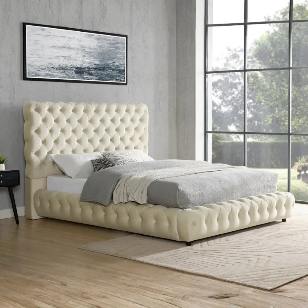 B5115-Q/Ek Tufted Beige Modern Beds By Mcferran | Mobilia Cleopatra 3 B5115-Q/EK Tufted Beige Modern Beds by McFerran - Image 1