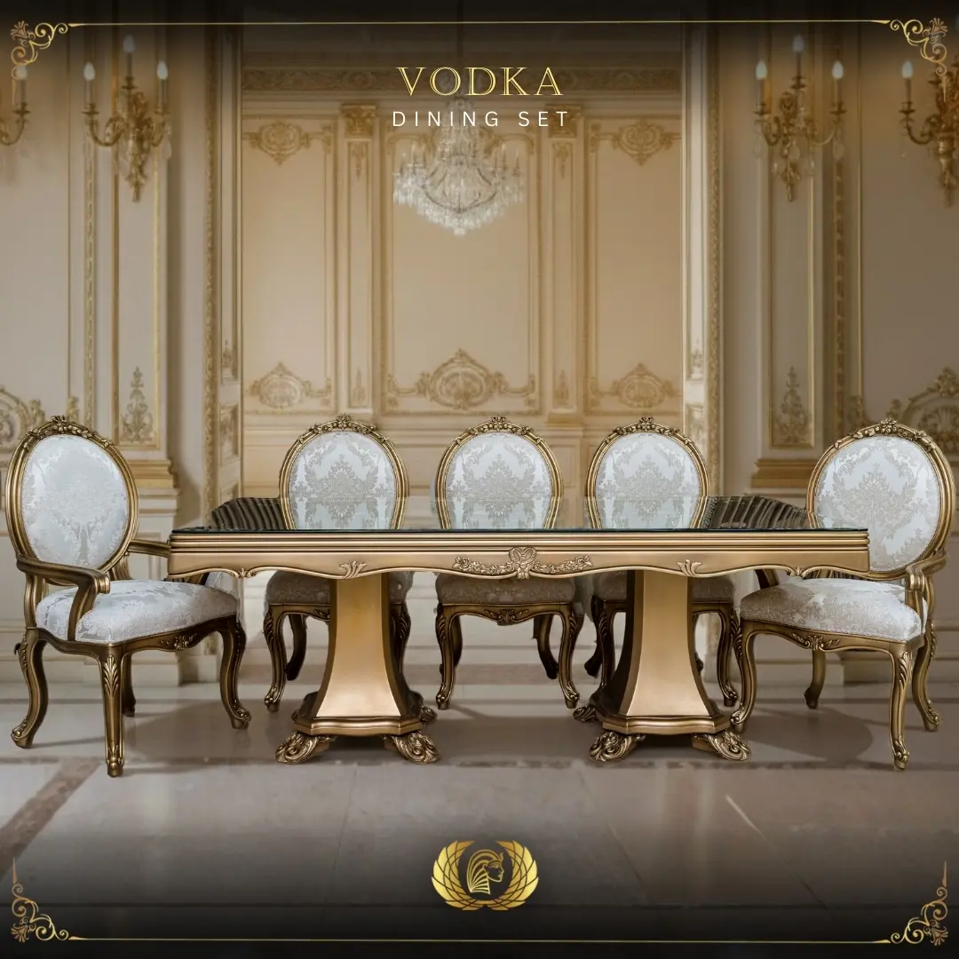 9Pcs Handmade Gold Beige Vodka Dining Set | Mobilia Cleopatra 3 Vodka Dining set (9)