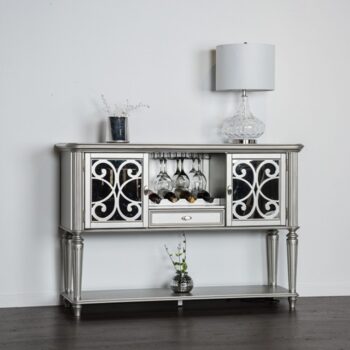 Melodi Parc Server – Glam Silver Dining Server with Wine Rack and Mirror Accents