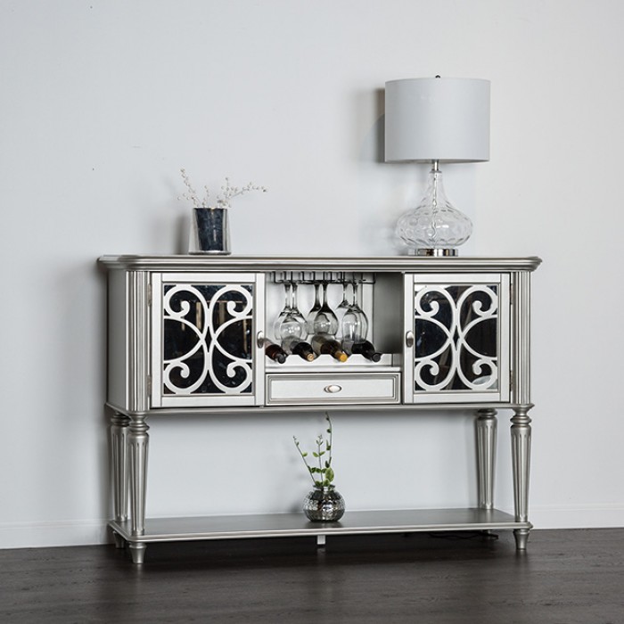 Melodi Parc Server Fm3416Sv-Sv Glam Silver Dining Server By Furniture Of America | Mobilia Cleopatra 3 Melodi Parc Server – Glam Silver Dining Server with Wine Rack and Mirror Accents