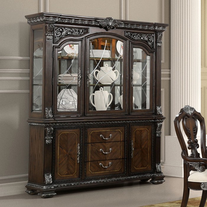 Hutch And Buffet Traditional Dark Brown Dining Storage With Touch Lighting By Furniture Of America | Mobilia Cleopatra 3 Promenade Hutch and Buffet FM31002DB-HB-SET – Traditional Dark Brown Dining Storage with Touch Lighting
