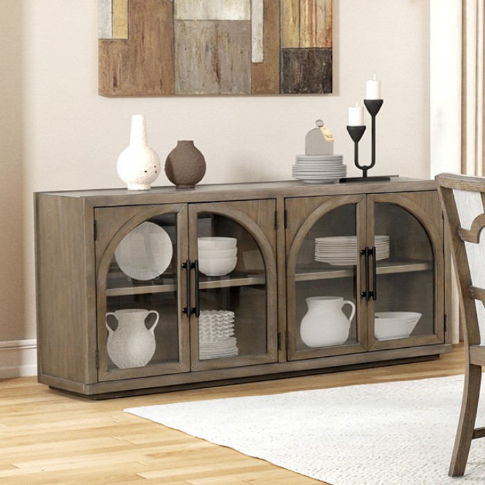 Clements Oak Sideboard With Glass Doorsfm3411Ak-Sv – Modern Farmhouse By Furniture Of America | Mobilia Cleopatra 3 Clements Modern Farmhouse Sideboard – Oak Buffet with Glass Doors