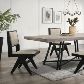 Tottenham 7 Pc Dining Table Set FM3222BK-T-7PC – Contemporary Black Dining Set with Light Gray Upholstered Chairs