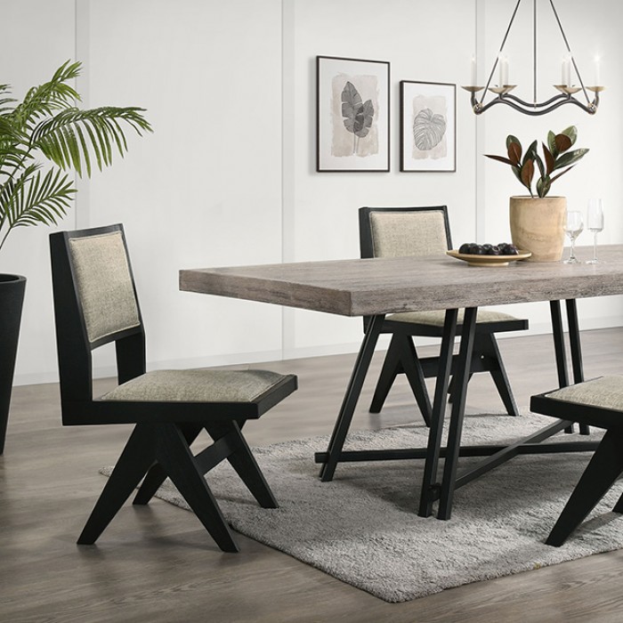 Tottenham 7 Pc Dining Table Set Fm3222Bk-T-7Pc – Contemporary Black By Furniture Of America | Mobilia Cleopatra 3 Tottenham 7 Pc Dining Table Set FM3222BK-T-7PC – Contemporary Black Dining Set with Light Gray Upholstered Chairs