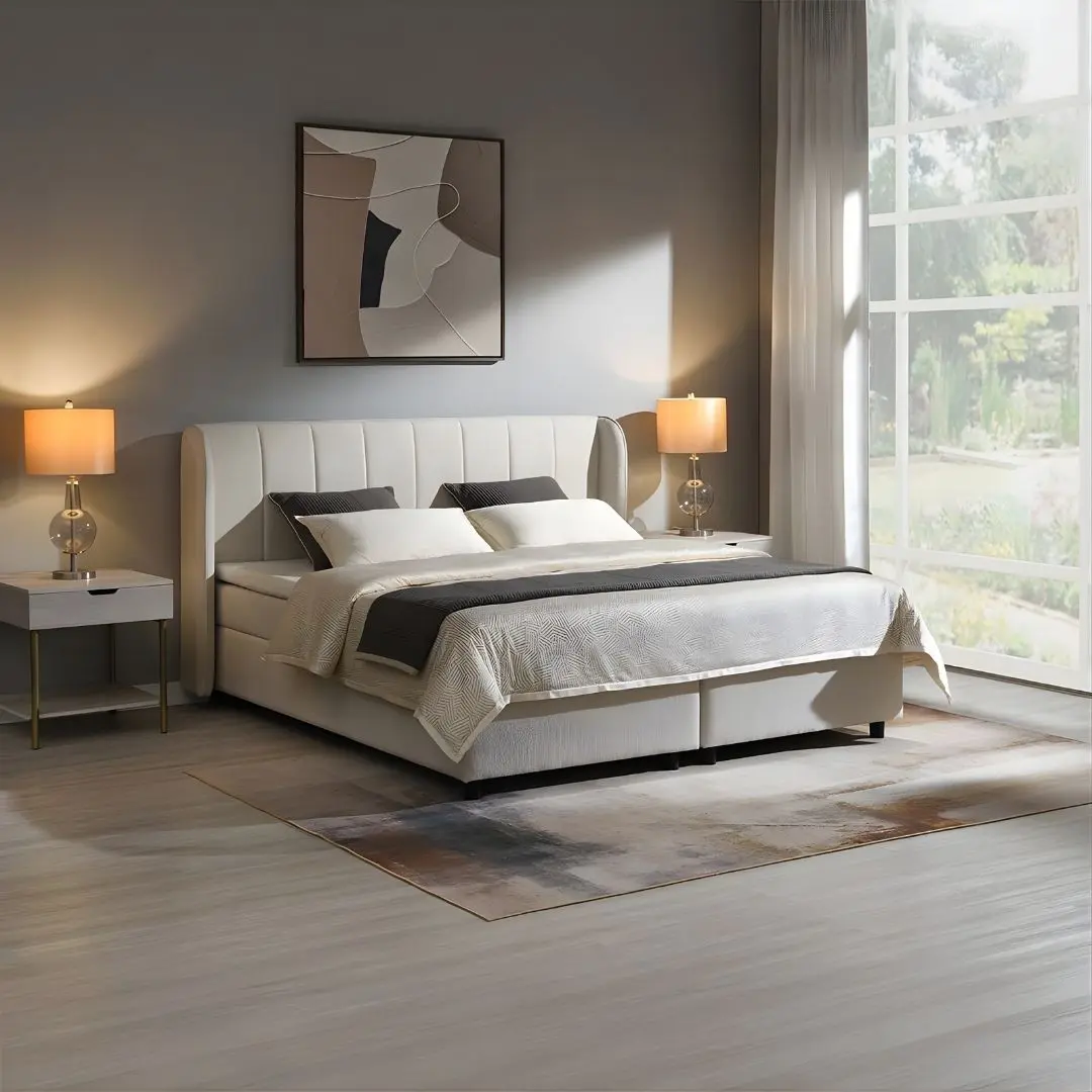 Adonia Queen Bed With Storage In Beige Chenille Bd06012Q By Acme | Mobilia Cleopatra 3 Adonia Queen Bed with Storage in Beige Chenille BD06012Q by ACME - Image 1