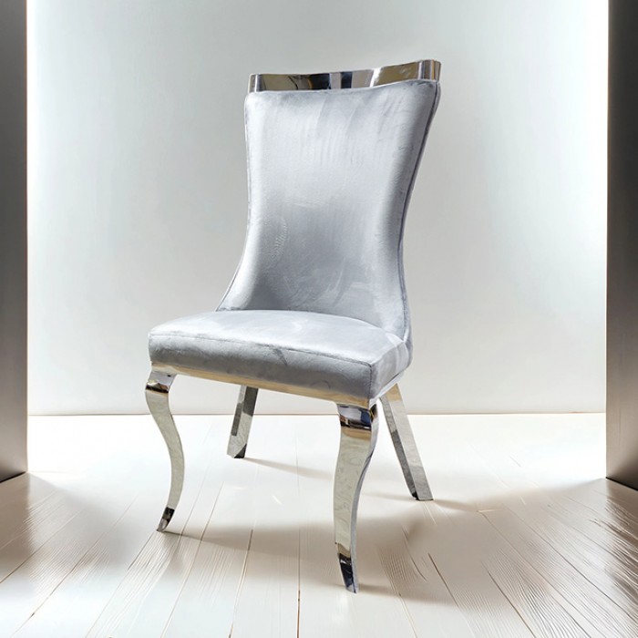 Basilicata Gray Chair Silver Set Of 2 By Furniture Of America | Mobilia Cleopatra 3 Basilicata Gray Velvet Glam Dining Chair with Silver Legs (Set of 2)