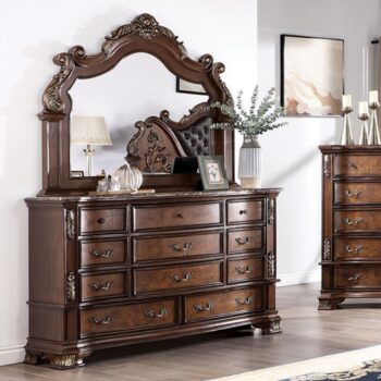 Esparanza Dresser in Brown Cherry – Traditional Marble-Top Bedroom Storage