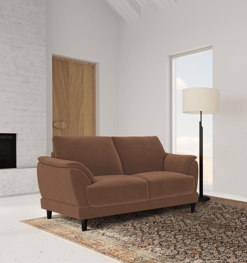 Selma Rust Woven Fabric Loveseat By Coaster Furniture | Mobilia Cleopatra 3 Selma Rust Woven Fabric Loveseat by Coaster Furniture - Image 1