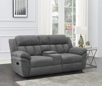 Charcoal Bahrain Upholstered Motion Loveseat with Console 609542 by Coaster Furniture