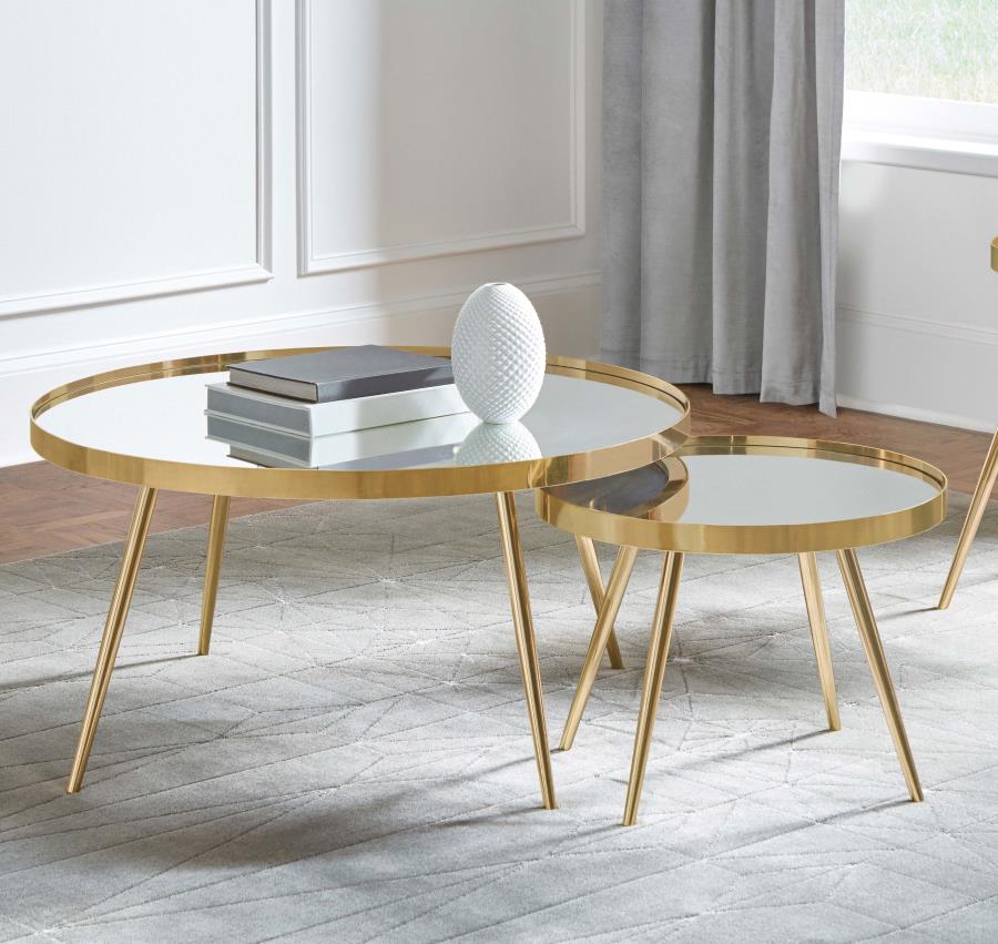 Kaelyn 2-Piece Mirror Top Nesting Coffee Table Mirror And Gold 723918 By Coaster Furniture | Mobilia Cleopatra 3 Kaelyn 2-piece Mirror Top Nesting Coffee Table Mirror and Gold 723918 By Coaster Furniture - Image 1