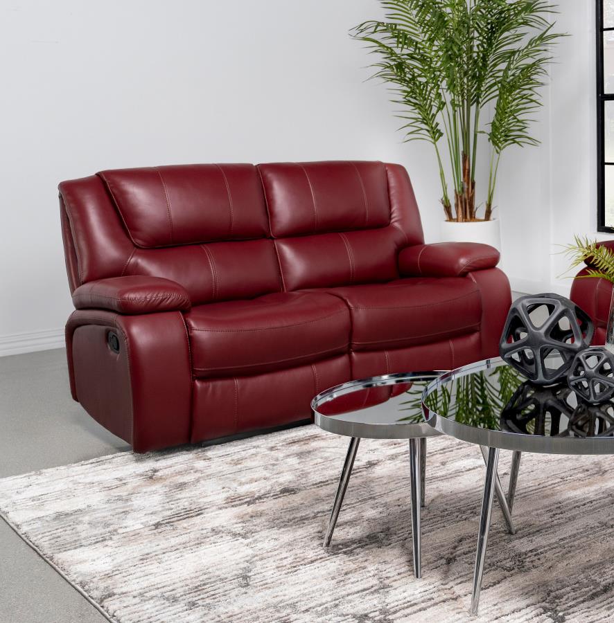 Camila Upholstered Motion Reclining Loveseat Red By Coaster Furniture | Mobilia Cleopatra 3 Camila Upholstered Motion Reclining Loveseat Red by Coaster Furniture - Image 1