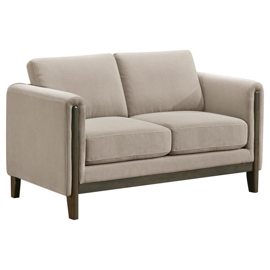 Islington Fabric Upholstered Panel Arm Loveseat Taupe By Coaster Furniture | Mobilia Cleopatra 3 Islington Fabric Upholstered Panel Arm Loveseat Taupe by Coaster Furniture - Image 1