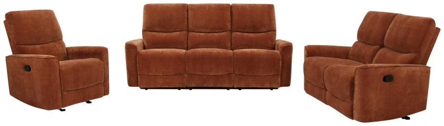 Navarro Chenille Upholstered Reclining Loveseat Burnt Orange By Coaster Furniture | Mobilia Cleopatra 3 Navarro Chenille Upholstered Reclining Loveseat Burnt Orange by Coaster Furniture - Image 1