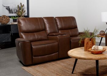 Greenfield Upholstered Power Reclining Loveseat Saddle Brown by Coaster Furniture