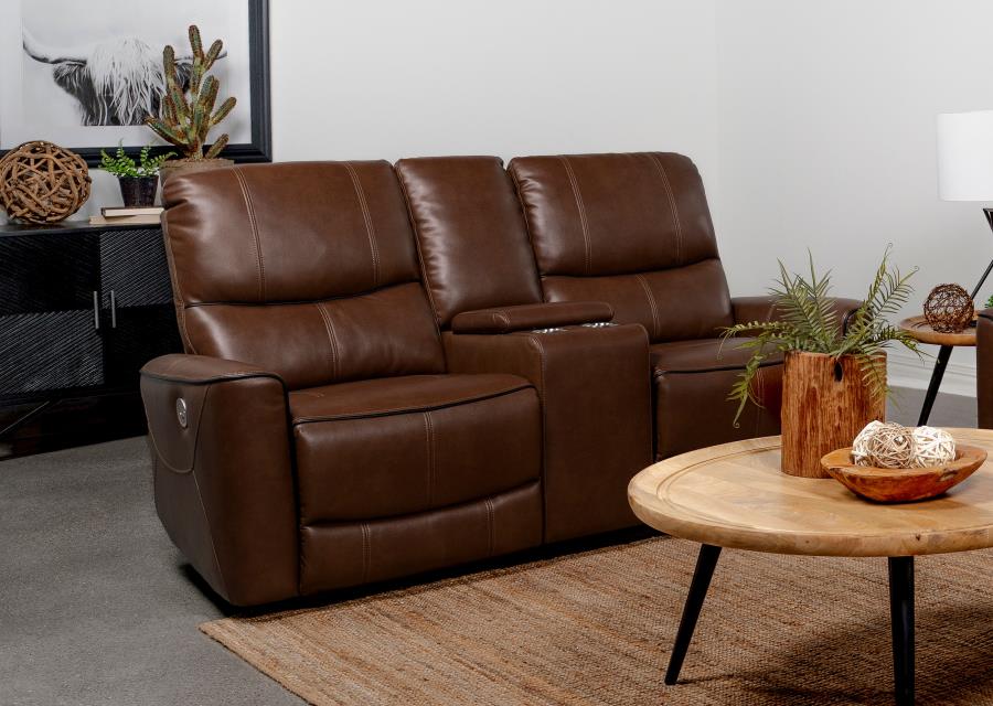 Greenfield Upholstered Power Reclining Loveseat Saddle Brown By Coaster Furniture | Mobilia Cleopatra 3 Greenfield Upholstered Power Reclining Loveseat Saddle Brown by Coaster Furniture - Image 1