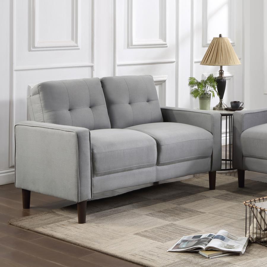 Bowen Upholstered Track Arm Tufted Loveseat Gray By Coaster Furniture | Mobilia Cleopatra 3 Bowen Upholstered Track Arm Tufted Loveseat Gray by Coaster Furniture - Image 1