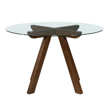 Round Glass Dining Table in Brown Wood Legs