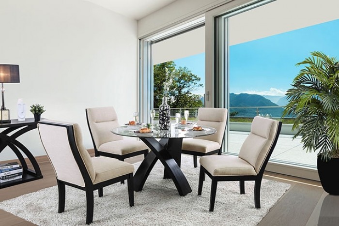 Jasmin Dining Table Contemporary Beige, Black By Furniture Of America | Mobilia Cleopatra 3 Jasmin Round Glass Dining Table – Contemporary Criss-Cross Base Design