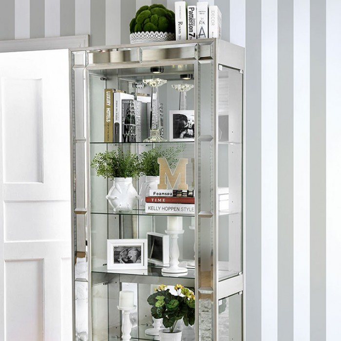 Carrollton Curio Cabinet Contemporary Chrome By Furniture Of America | Mobilia Cleopatra 3 Carrollton Chrome Curio Cabinet – 5-Tier Tempered Glass Display