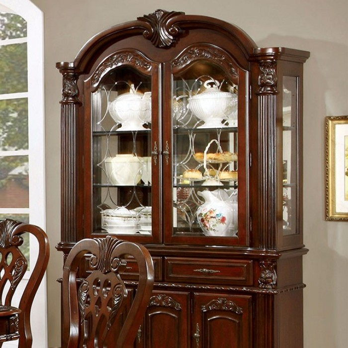 Elana Hutch & Buffet Traditional Brown Cherry By Furniture Of America | Mobilia Cleopatra 3 Traditional Elegance: Elana Hutch & Buffet Brown Cherry – Dining Storage Set