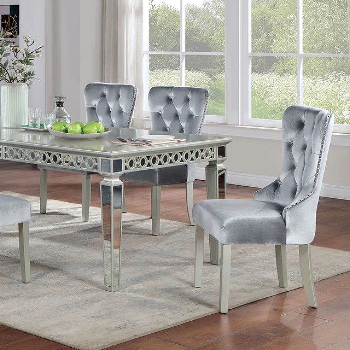 Adalia 7 Pc Dining Table Set Glam By Furniture Of America | Mobilia Cleopatra 3 Adalia 7 Pc Dining Table Set – Silver & Dark Gray Glam Dining Set