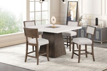 Grasten 7 Pc Dining Table Set – Marble Top with Swivel Boucle Chairs, Dark Walnut