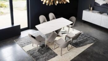 Lenvik 7 Pc Dining Table Set – Contemporary Ceramic Top & Leatherette Chairs