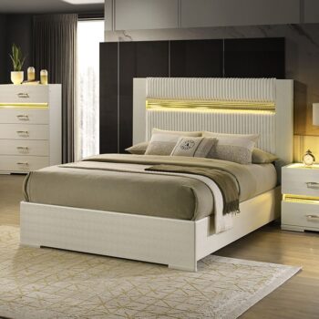 Modern Luxury: Lucida Bed Beige with Faux Fur Headboard & LED Accent