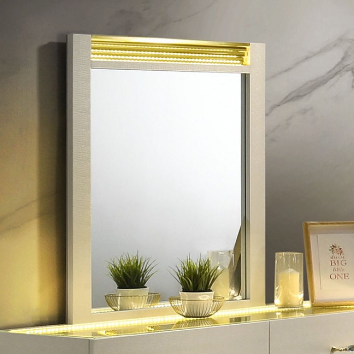 Lucida Mirror Contemporary Beige By Furniture Of America | Mobilia Cleopatra 3 Lucida Mirror Beige – Gold Shimmer Accent for Glam Bedrooms