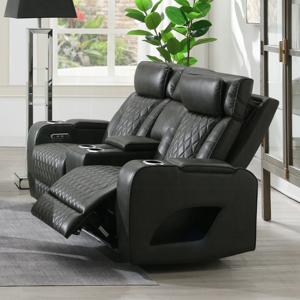 Taddeo Power Motion Loveseat With Console By Acme | Mobilia Cleopatra 3 Gray Power Motion Loveseat with Console Speaker USB Wireless Charger & LED