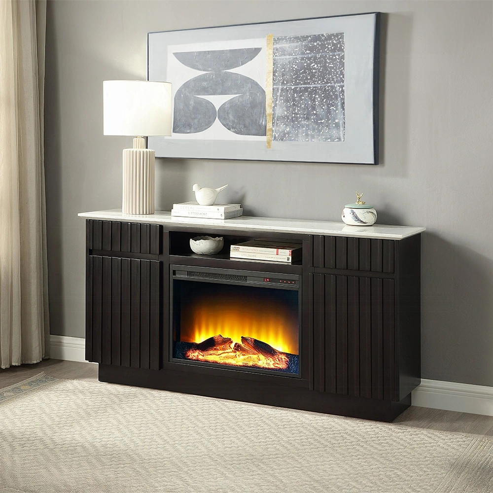 Jaramillo Server With Natural Marble Top & Fireplace By Acme | Mobilia Cleopatra 3 Server with Natural Marble Top & Fireplace