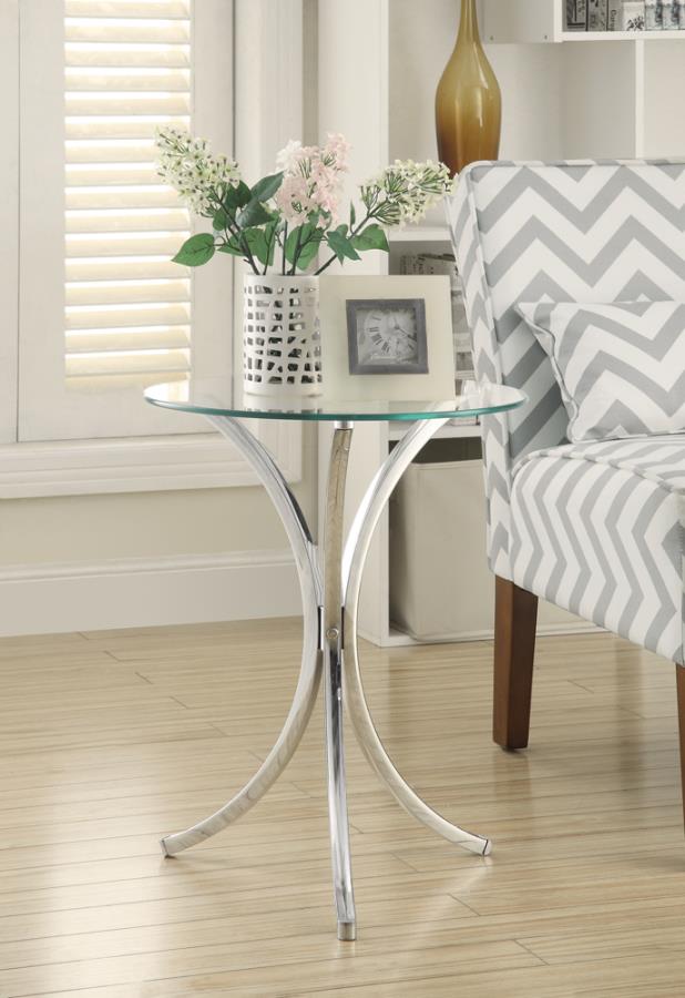 Eloise Round Accent Table With Curved Legs Chrome 902869 By Coaster Furniture | Mobilia Cleopatra 3 Eloise Round Accent Table with Curved Legs Chrome 902869 By Coaster Furniture - Image 1