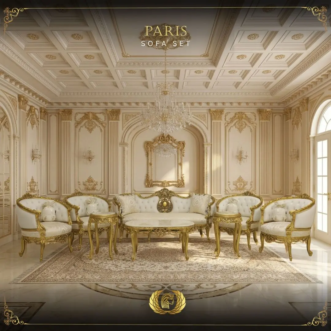 5Pcs Handmade Gold Ivory Paris Sofa Set | Mobilia Cleopatra 3 PARIS SOFA SET (1)