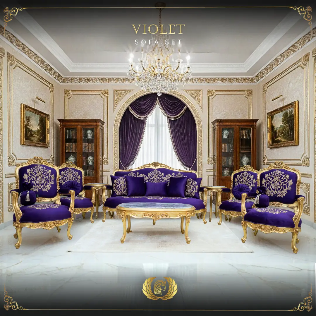 5Pcs Handmade Gold Violet Sofa Set | Mobilia Cleopatra 3 violet sofa set (1)