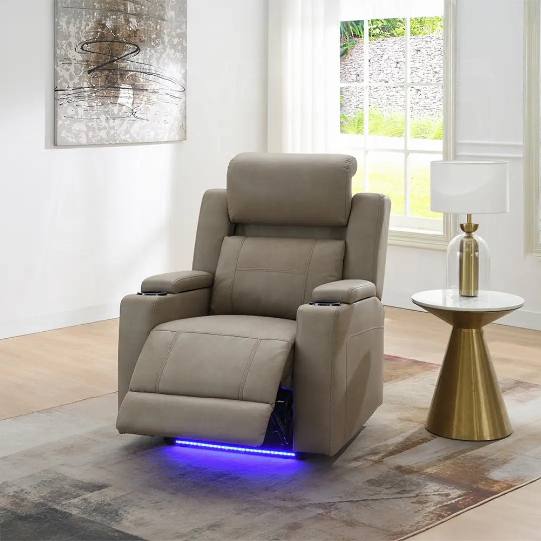 Lugo Camel Leather Power Motion Recliner With Cup Holder By Acme | Mobilia Cleopatra 3 Camel Leather Power Motion Recliner with Cup Holder