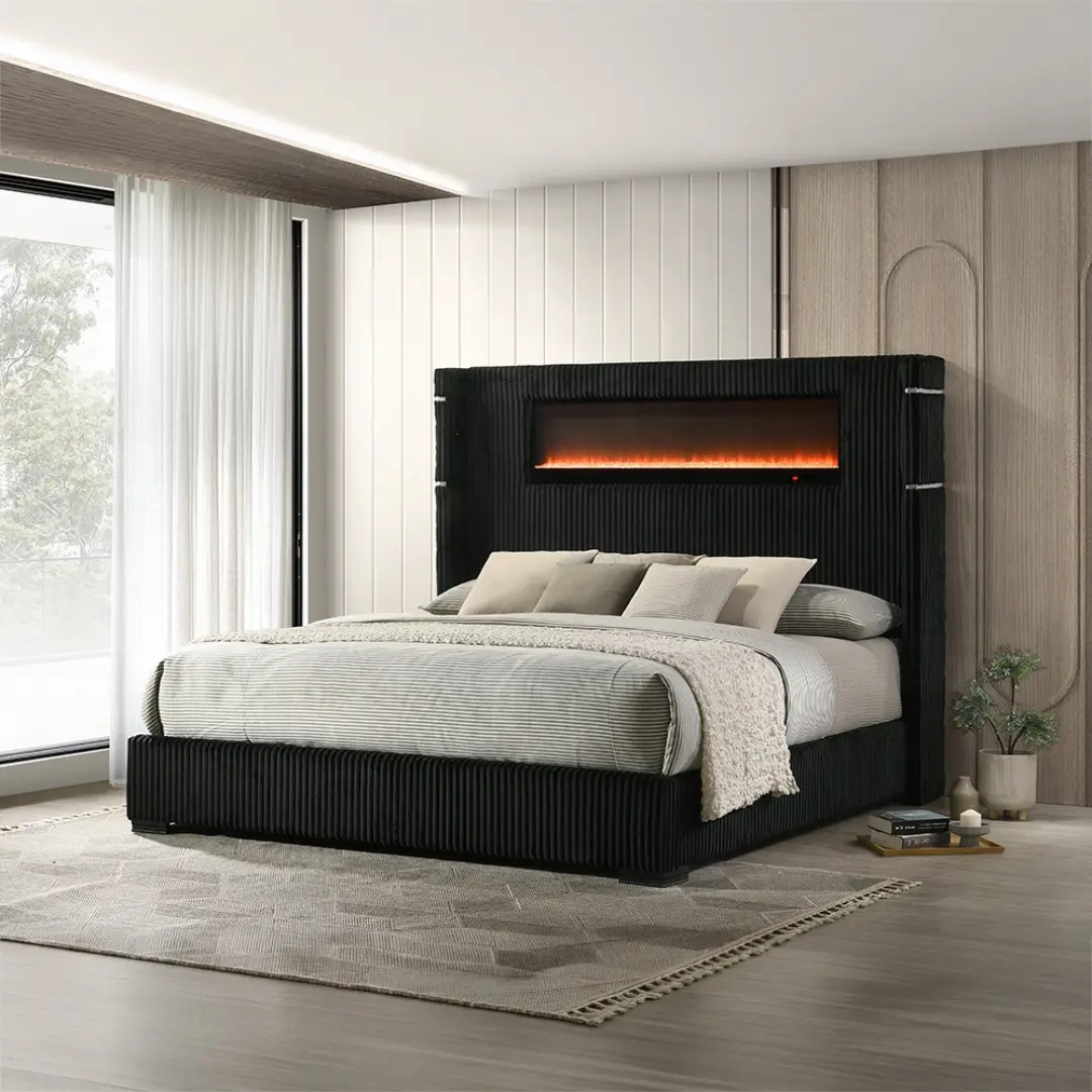 Garner Black Bed With Fireplace Headboard By Acme | Mobilia Cleopatra 3 Black Bed with Fireplace Headboard
