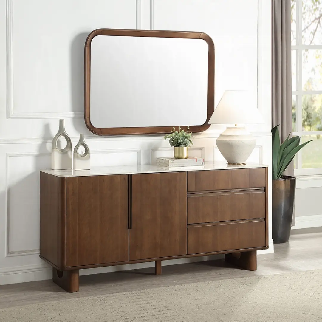 Harvey Walnut Buffet Cabinet With Ceramic Top By Acme | Mobilia Cleopatra 3 Walnut Buffet Cabinet with Ceramic Top