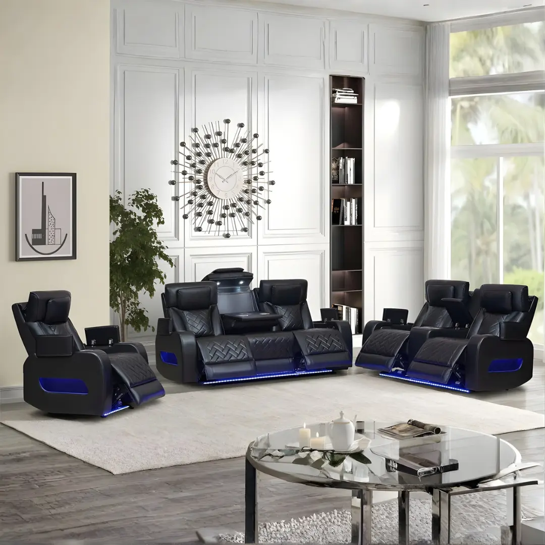 Black Leather Recliner Sofa Set By Mcferran | Mobilia Cleopatra 3 Recliner Sofa Set