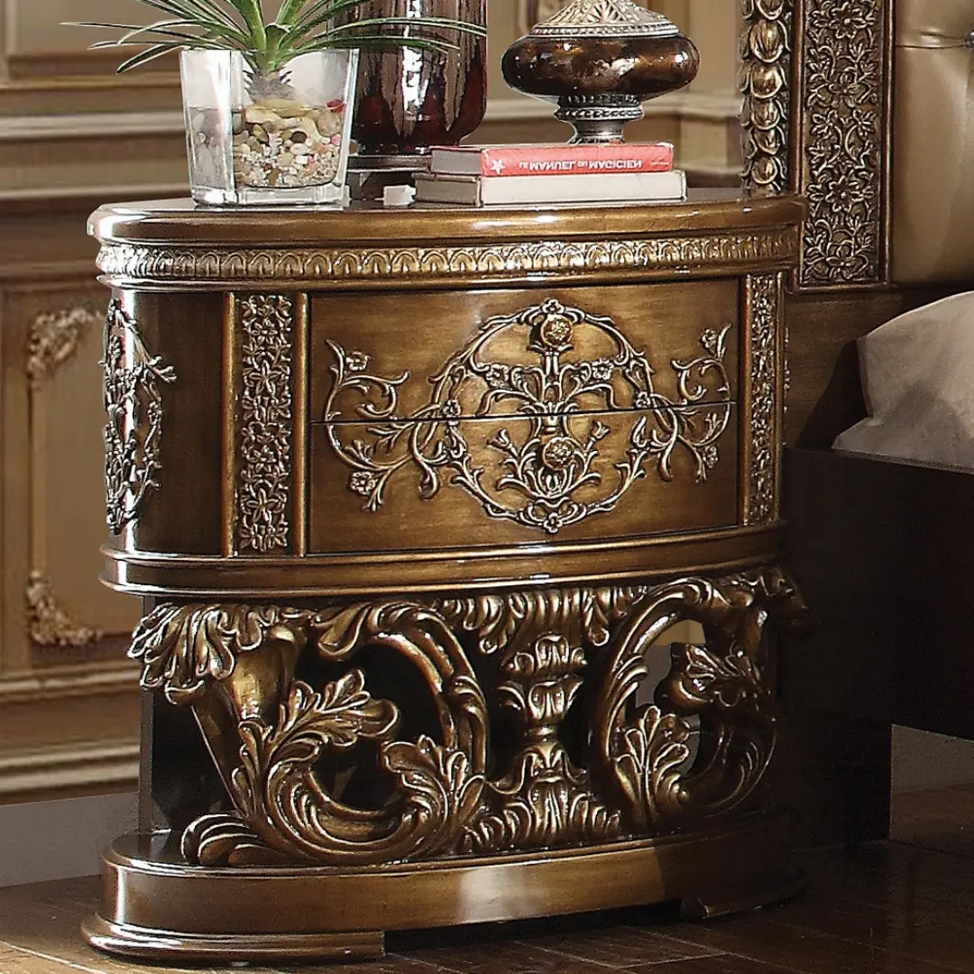 Constantine Gold Wooden Nightstand With Drawers By Acme | Mobilia Cleopatra 3 Wooden Nightstand with Drawers