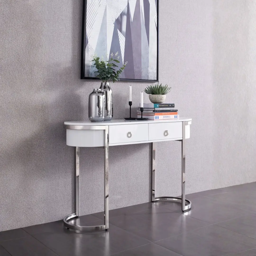 High Gloss Lacquer 131 Hallway Console Table White/Silver By Esf Furniture | Mobilia Cleopatra 3 High Gloss Lacquer 131 Hallway Console Table White/Silver